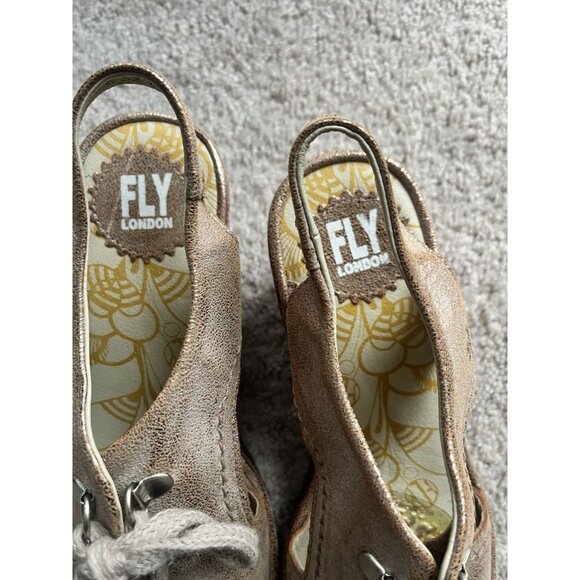 Fly London Flfa Womens Tan Leather lace Up Wedge Peep Toe Sandals size 9 Boho - Picture 3 of 8